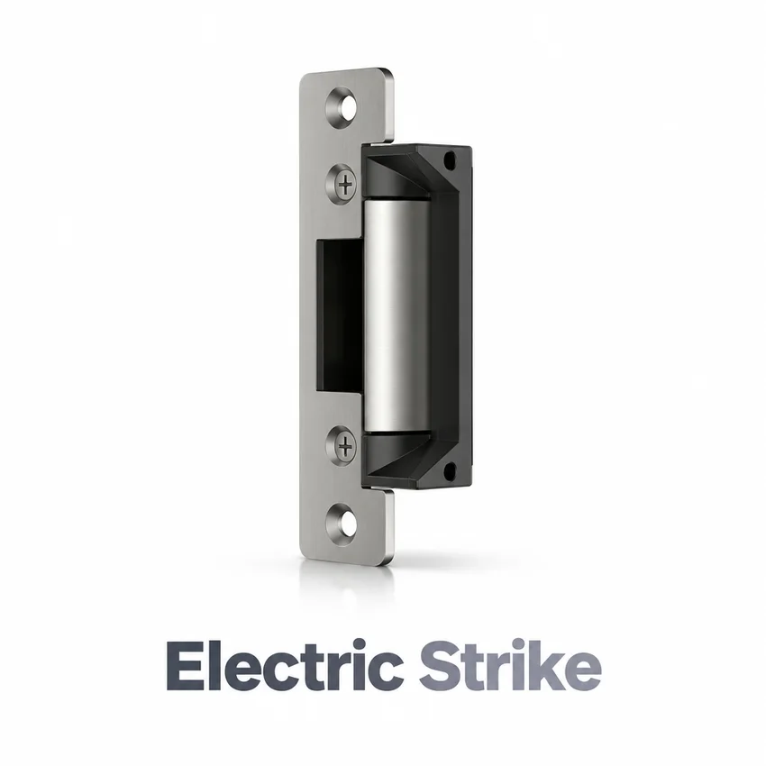 Electric strike with silver caption beneath the product