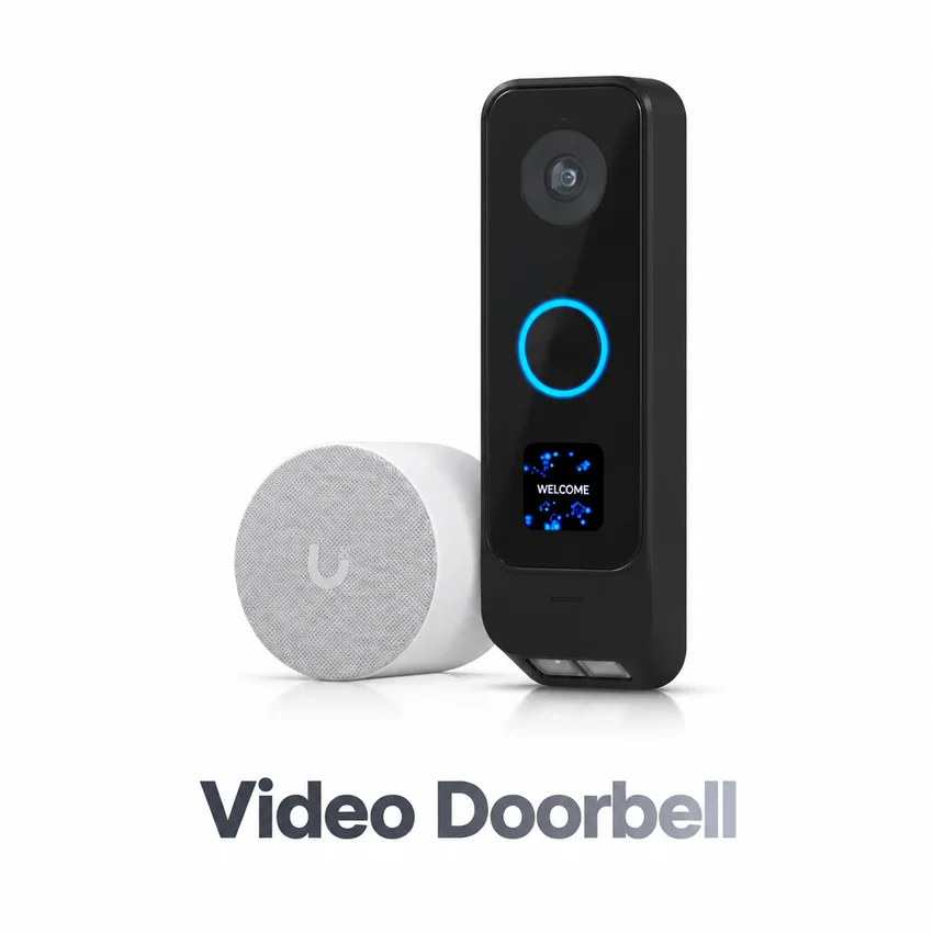 Video doorbell with silver caption beneath the product