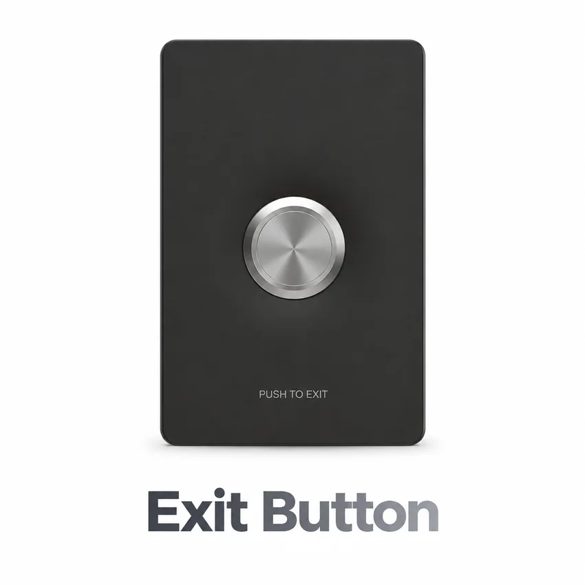 Exit button with silver caption beneath the product