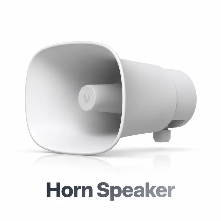 Horn speaker with silver caption beneath the product