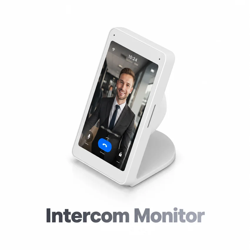 Intercom monitor with silver caption beneath the product