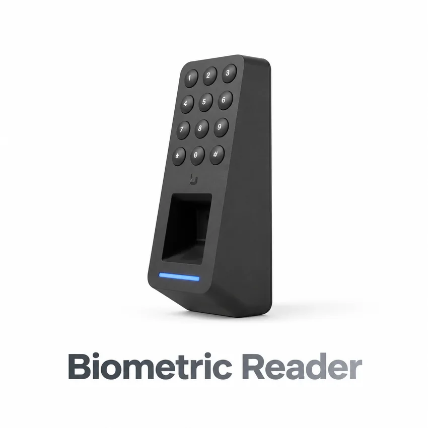 Biometric reader with silver caption beneath the product