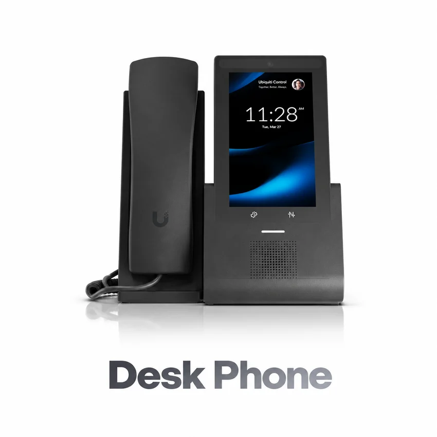 Desk phone with silver caption beneath the product