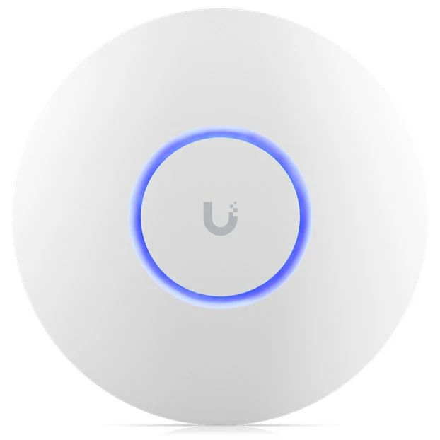 White round UniFi home access point with a blue illuminated centre ring